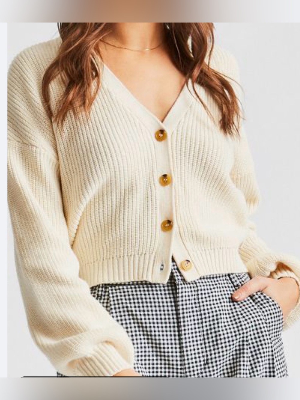 Hollister Cream Ribbed Cropped Button Cardigan